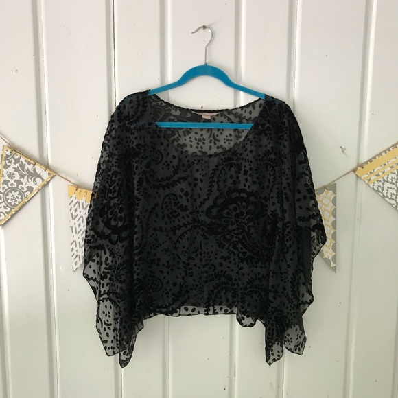 Forever 21 Tops - Forever 21 Sheer Black Mesh & Velvet Poncho Blouse
